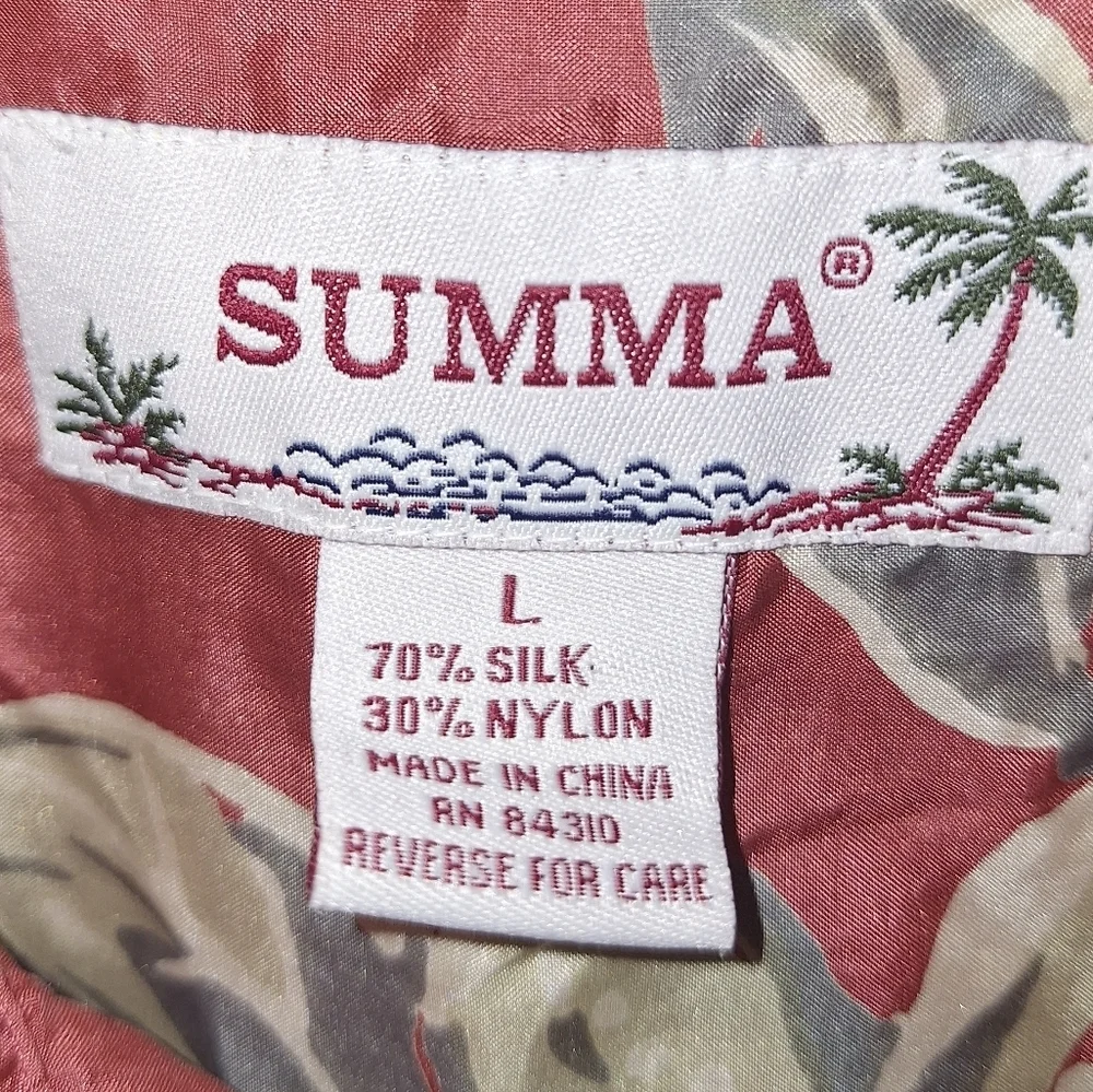 Summa Terracotta and Cream Leaf Print Silk Blend Tropical Short Sleeve Shirt.